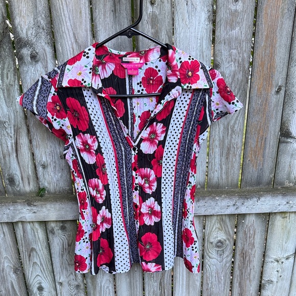 Sunny Leigh floral collared colorful pleated short sleeve top S - Picture 1 of 7